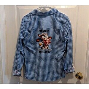 Women's Medium Blue & White Plaid Button Up Shirt Roll My Eyes Funny Graphic